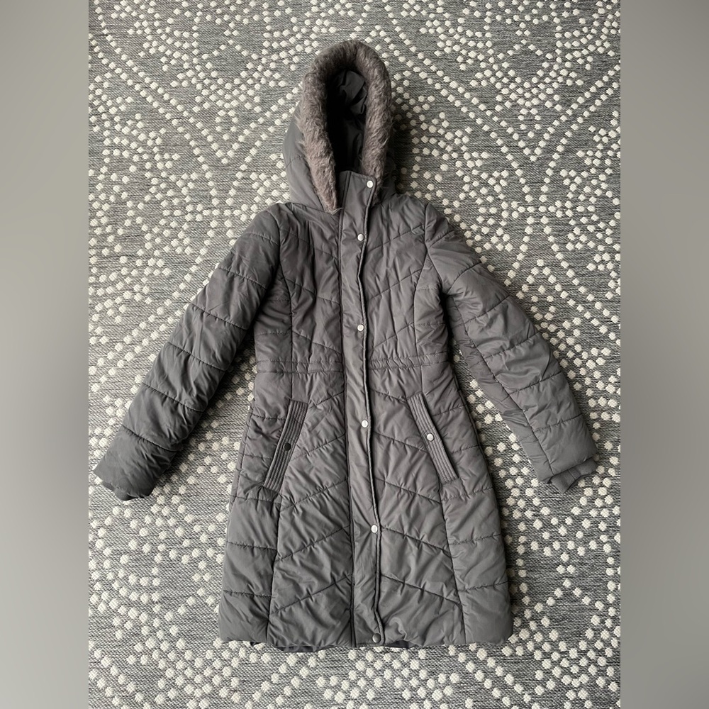 A New Day Parka Coat Jacket Fur Hood Small pewter gray grey quilted puffer zip